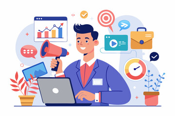 Marketing manager, online advertising, social media content or promotion campaign, customer or consumer target audience, branding communication concept, businessman holding viral marketing elements. 
