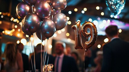 An elegant 19th birthday celebration featuring a bunch of sparkling balloons with bokeh lights in the background, creating a festive and luxurious atmosphere.