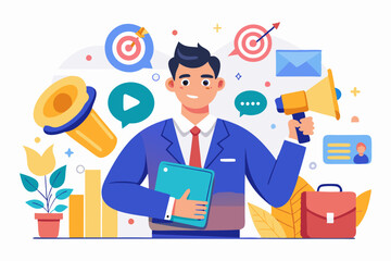 Marketing manager, online advertising, social media content or promotion campaign, customer or consumer target audience, branding communication concept, businessman holding viral marketing elements. 

