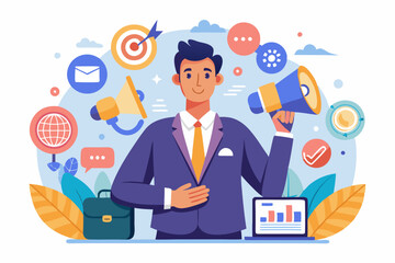 Marketing manager, online advertising, social media content or promotion campaign, customer or consumer target audience, branding communication concept, businessman holding viral marketing elements. 
