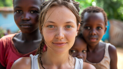 Close-up of young woman with braids surrounded by African children. Multiracial group portrait. Volunteer work in developing community. Cultural immersion and cross-cultural connections.