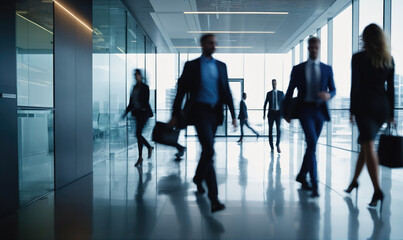 Fototapeta premium Business professionals walk through a modern office building, their movements blurred by motion