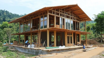Obraz premium A team of builders using eco-friendly materials such as bamboo and reclaimed wood on-site
