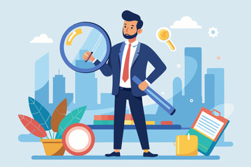 Corporate transparency, integrity or trust, business management with responsibility, financial transparent, legal or agreement for ethic report concept, businessman on magnifying glass transparency. 
