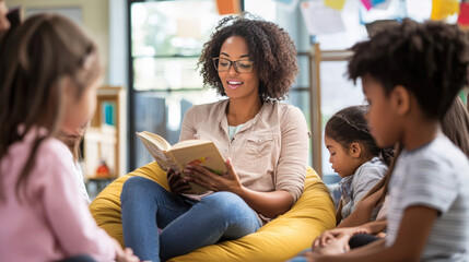 Smiling Teacher Reading to Children in Classroom Storytime