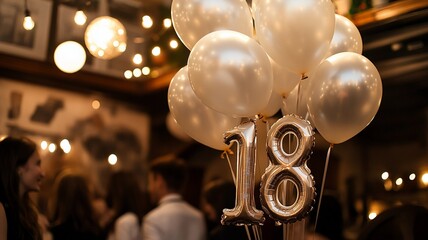 An elegant 18th birthday celebration featuring a bunch of sparkling balloons with bokeh lights in the background, creating a festive and luxurious atmosphere.