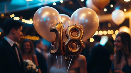 An elegant 18th birthday celebration featuring a bunch of sparkling balloons with bokeh lights in the background, creating a festive and luxurious atmosphere.