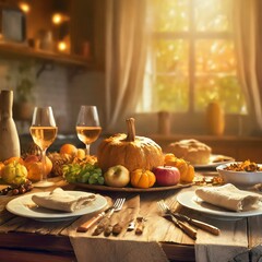 A rustic kitchen glows warmly at sunset; a Thanksgiving feast, candlelit table, rich textures, and...