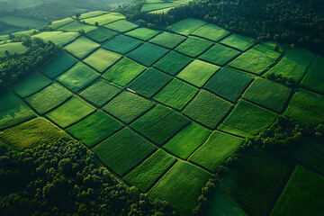 neatly divided fields, surrounded by hills and mountains under a cloudy sky