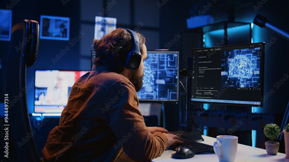 Poster developer updating artificial intelligence neural networks, drinking coffee and listening music in p