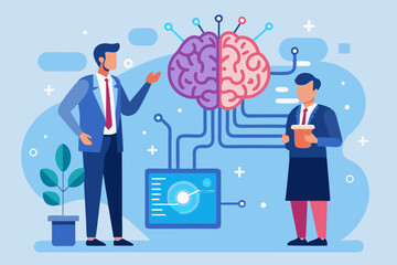 AI machine learning, neural network technology or human to work together with AI artificial intelligence, innovation technology concept, businessman connect human brain with AI chip processing unit.
