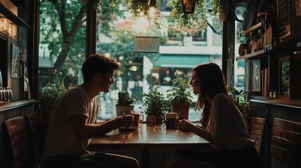 Couple enjoying a quiet conversation over drinks inside a cozy café with lush plants in a vibrant urban setting during the evening