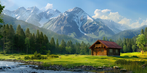 Fototapeta premium A rustic cabin nestled in a picturesque mountain setting, offering a cozy and serene retreat from the hustle and bustle of everyday life.