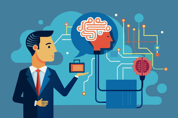 AI machine learning, neural network technology or human to work together with AI artificial intelligence, innovation technology concept, businessman connect human brain with AI chip processing unit.

