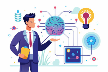 AI machine learning, neural network technology or human to work together with AI artificial intelligence, innovation technology concept, businessman connect human brain with AI chip processing unit.
