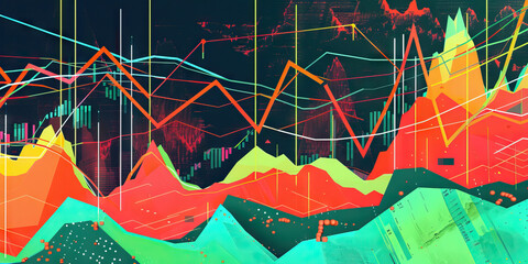 A colorful, abstract representation of company profits over time, with trend lines and data points in bright reds and greens.