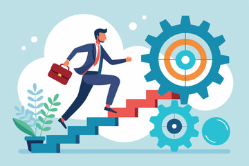 Best practices development, strategy to success or improvement, planning, progress or implementation process, efficiency or productivity concept, businessman running up stair on cogwheel gears system
