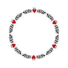 Round frame with hearts and leaves. Colored silhouette. Front view. Vector simple flat graphic illustration. Isolated object on white background. Isolate.
