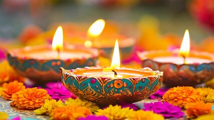 Background with bright colorful clay diya lamps for diwali festival celebration