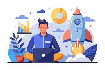 Solopreneur solo entrepreneur, working alone or startup business owner, founder or entrepreneurship, independent developer, freelancer concept, businessman entrepreneur launching company rocket alone.