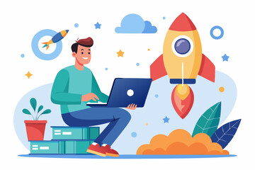 Solopreneur solo entrepreneur, working alone or startup business owner, founder or entrepreneurship, independent developer, freelancer concept, businessman entrepreneur launching company rocket alone.