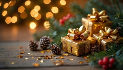 Gift Boxes and Pine Cones with Festive Bokeh Garland Lights