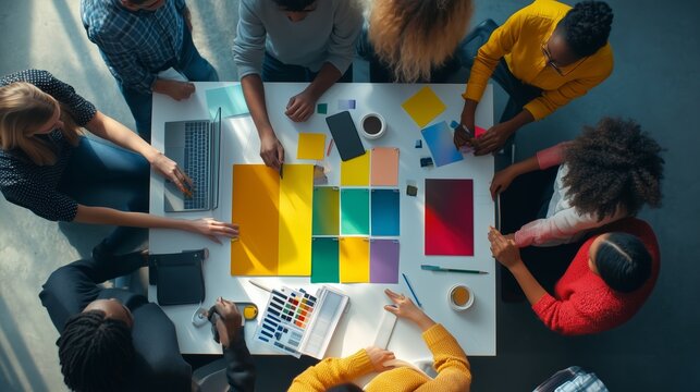 Collaborative team brainstorming at a modern workspace with colorful designs and materials gathered on the table