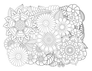  Floral picture in black and white for adult coloring books. Coloring page of monochrome flowers and leafs. Doodles pattern, Page for coloring book. Outline flowers. Doodles in black and white