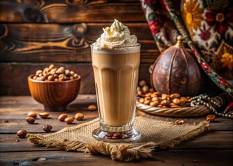 A heavenly hazelnut smoothie smothered in extra whipped cream, served in a tall clear glass