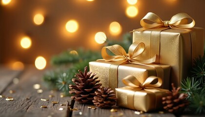 Holiday Vibes: Pine Cones and Gifts on a Bokeh Garland Backdrop