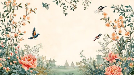 Mughal Garden illustration,Mughal Garden elements collection,Mughal Garden wedding invitation,Mughal Garden frame