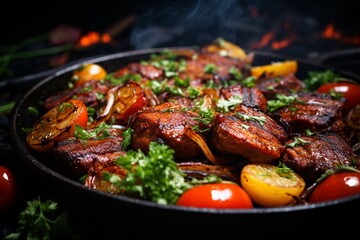 Close up beautifully cooked meat, appetizing look, hot seasoning: spices: onions and chopped tomatoes.