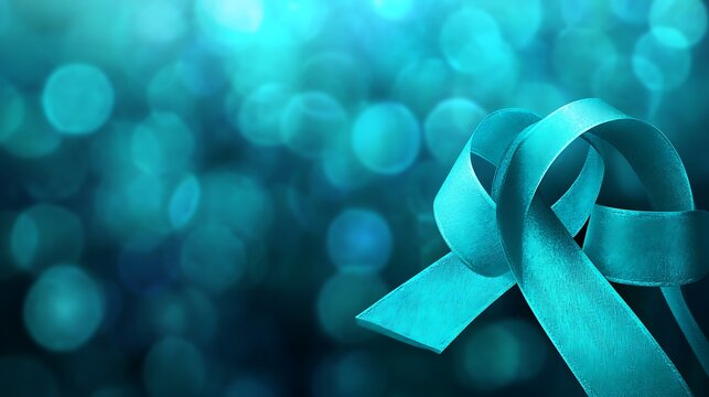 Teal awareness ribbon on a blue bokeh background.