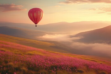 Fototapeta premium A colorful hot air balloon floats peacefully above a hillside covered in blooming pink flowers during a beautiful sunset. Generative AI