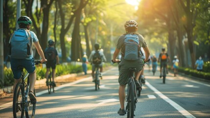 People riding bicycles on a sunny day in a treelined park enjoying the outdoors