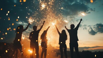 Celebratory gathering at sunset with friends holding sparklers and enjoying a festive atmosphere outdoors