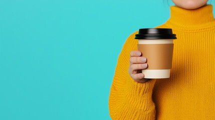 Stylish woman holding a coffee cup against blue background, wearing yellow sweater. Perfect for autumn or winter. Ideal for mockups or ads