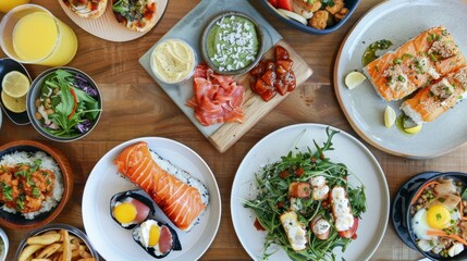 Fototapeta premium High angle view of food served on table