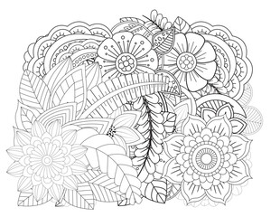  Floral picture in black and white for adult coloring books. Coloring page of monochrome flowers and leafs. Doodles pattern, Page for coloring book. Outline flowers. Doodles in black and white