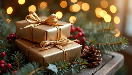 Festive Background: Gifts, Pine Cones, and Bokeh Lights