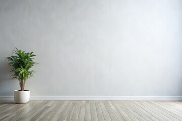 A serene indoor corner featuring a lush green plant in a white pot against a minimalist pale wall and wooden flooring, creating a calming atmosphere for relaxation. Generative AI