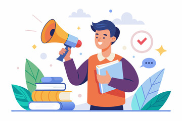 Storytelling communicate brand story or idea to listener, narrative message, content or article writing or advertising creativity concept, young man on opening book telling story on megaphone.
