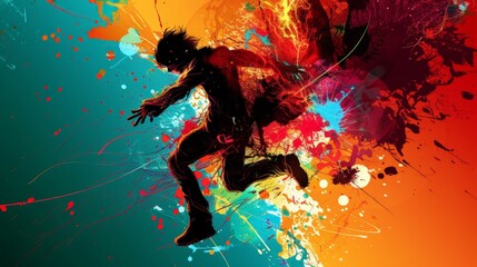Obraz premium Abstract silhouette of a person jumping in colorful paint splatter.
