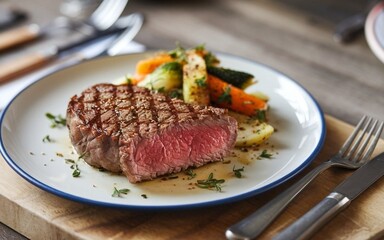 Steak Plate - A basic outline of a steak on a plate with a small side of veggies.
