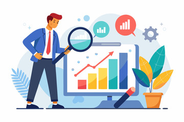 Benchmark performance or KPI key performance indicator, metrics or measurement to measure success, result evaluation, analysis or comparison concept, businessman magnify benchmark metric graph scale.
