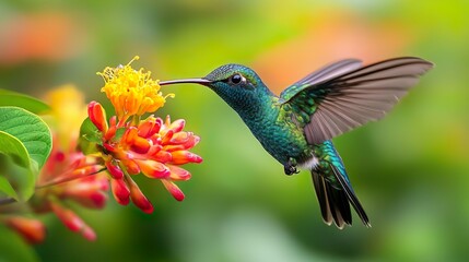Fototapeta premium Vivid hummingbird hovering near flowers perfect for showcasing dynamic and colorful nature photography