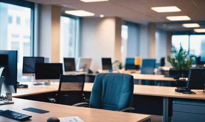 A blue office chair sits at a desk in an empty office
