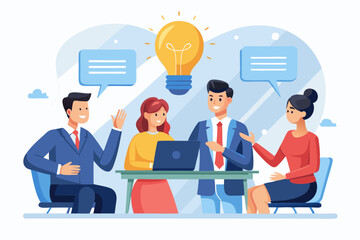 Effective communication, meeting discussion or conversation solution, speak or telling intelligence information, team opinion new idea concept, business people discuss with lightbulb speech bubble. S
