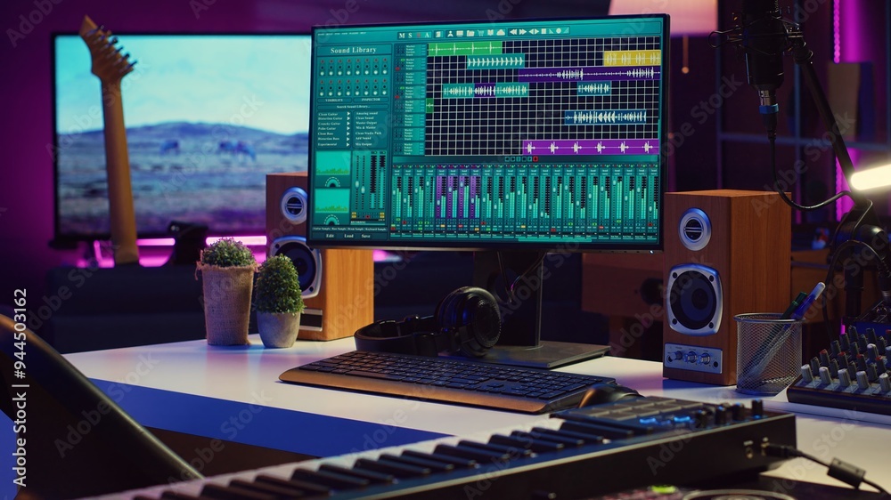 Poster empty creative space recording tunes and soundtracks with electronic tools, mixing and mastering in 