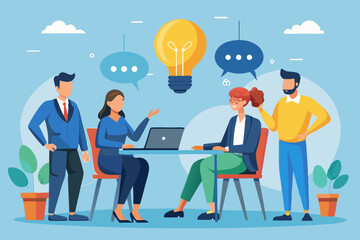 Effective communication, meeting discussion or conversation solution, speak or telling intelligence information, team opinion new idea concept, business people discuss with lightbulb speech bubble. S
